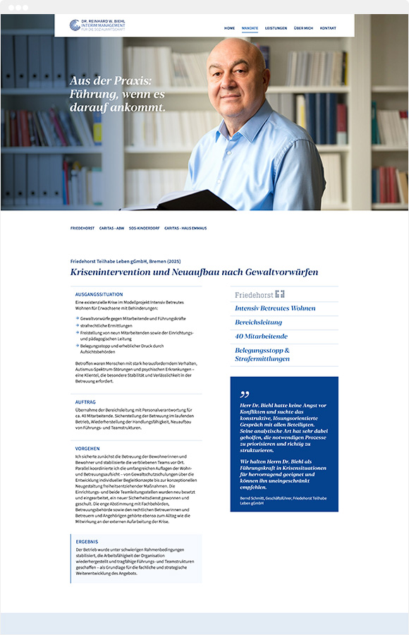 Mandate von Dr. Reinhard Biehl - Interim Manager Sozialwirtschaft